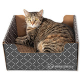 Hide & Scratch cardboard scratcher box bed inviting feline enrichment and cozy lounging.