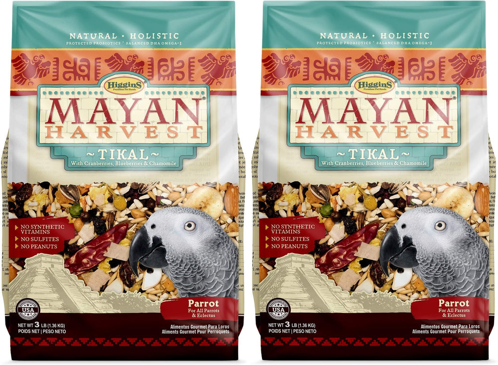 Higgins Mayan Harvest Tikal parrot food pack front view highlighting balanced nutrition