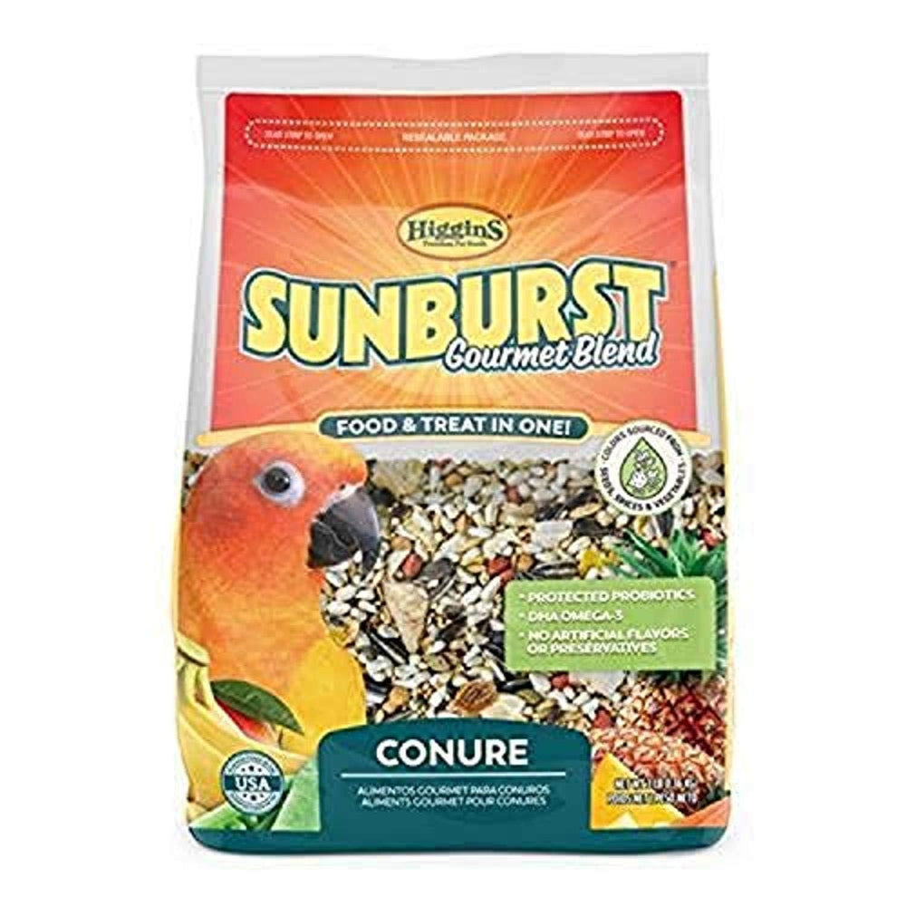 Higgins Sunburst Conure 3lb bag front highlights premium ingredients for vibrant feathers.