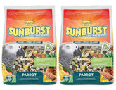 Higgins Sunburst Gourmet Blend Parrot Food front view shows two bags, suggesting a two-pack option for routine feeding.