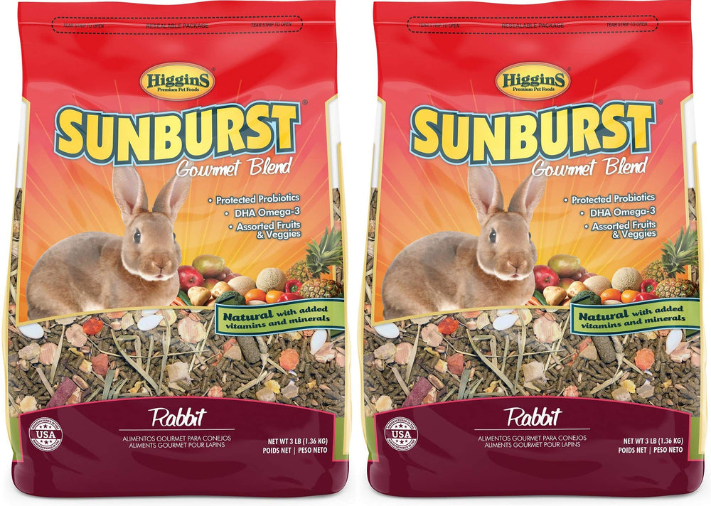 Higgins Sunburst Gourmet Blend Rabbit Food bag and bowl showcasing natural ingredients for balanced rabbit nutrition.