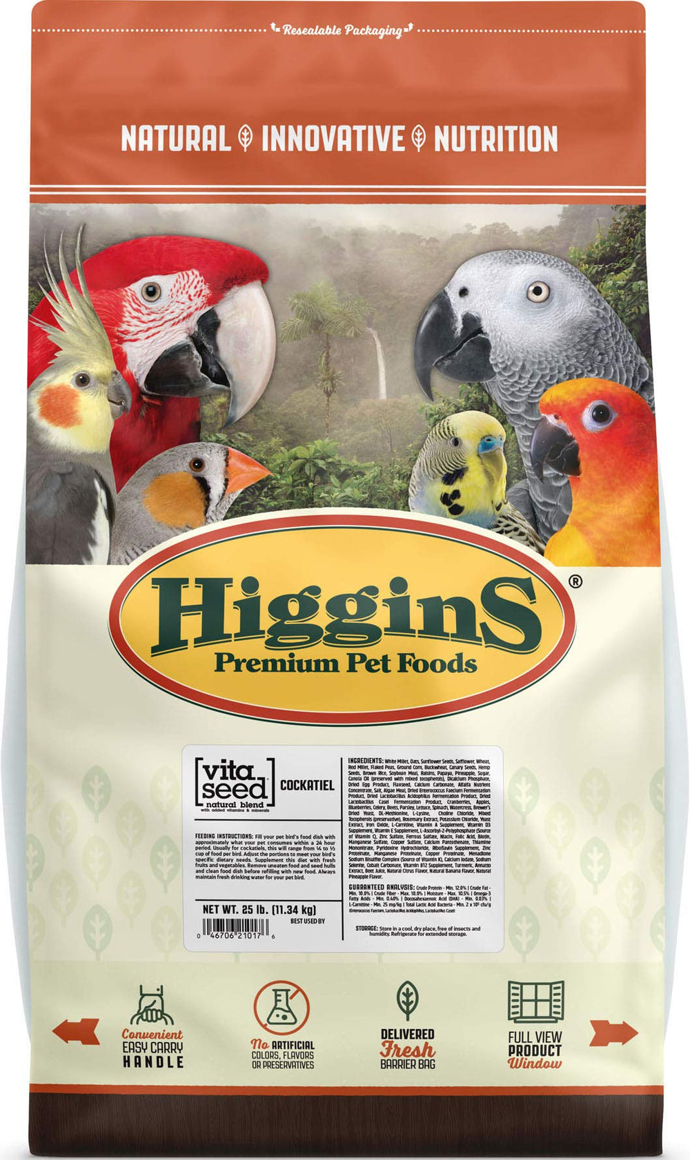 Higgins Vita Seed Cockatiel Food bag shows balanced nutrition for cockatiels' energy and plumage