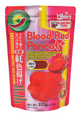 Hikari Blood Red Parrot+ fish food pack shows color-enhancing pellets for parrots