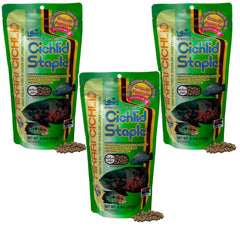 Hikari Cichlid Staple floating pellets for easy feeding control and clear water.