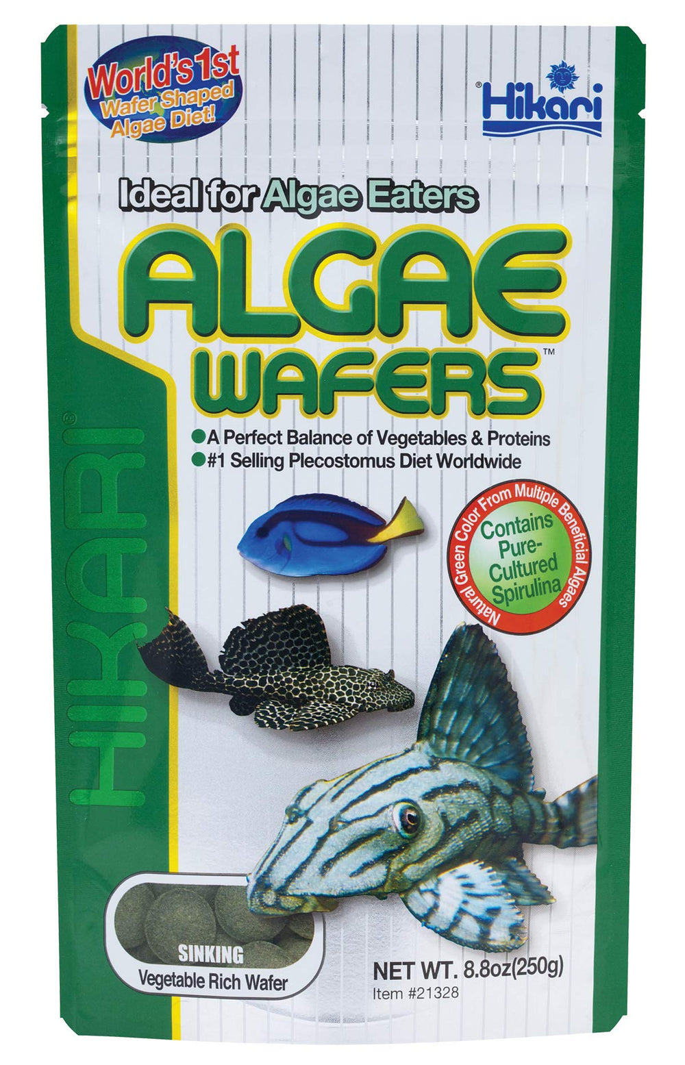 Hikari tropical algae wafer packaging shows pleco-friendly diet option.