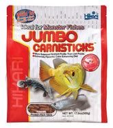 Hikari Tropical Jumbo Carnisticks packaging highlights a complete carnivore diet for large fish.