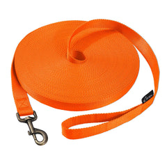 Hi Kiss long dog leash 100ft orange for extended recall training in open spaces.