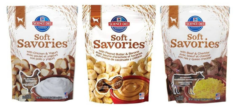 Hill's Science Diet Soft Savories peanut butter banana dog treats, soft texture ideal for gentle rewards.
