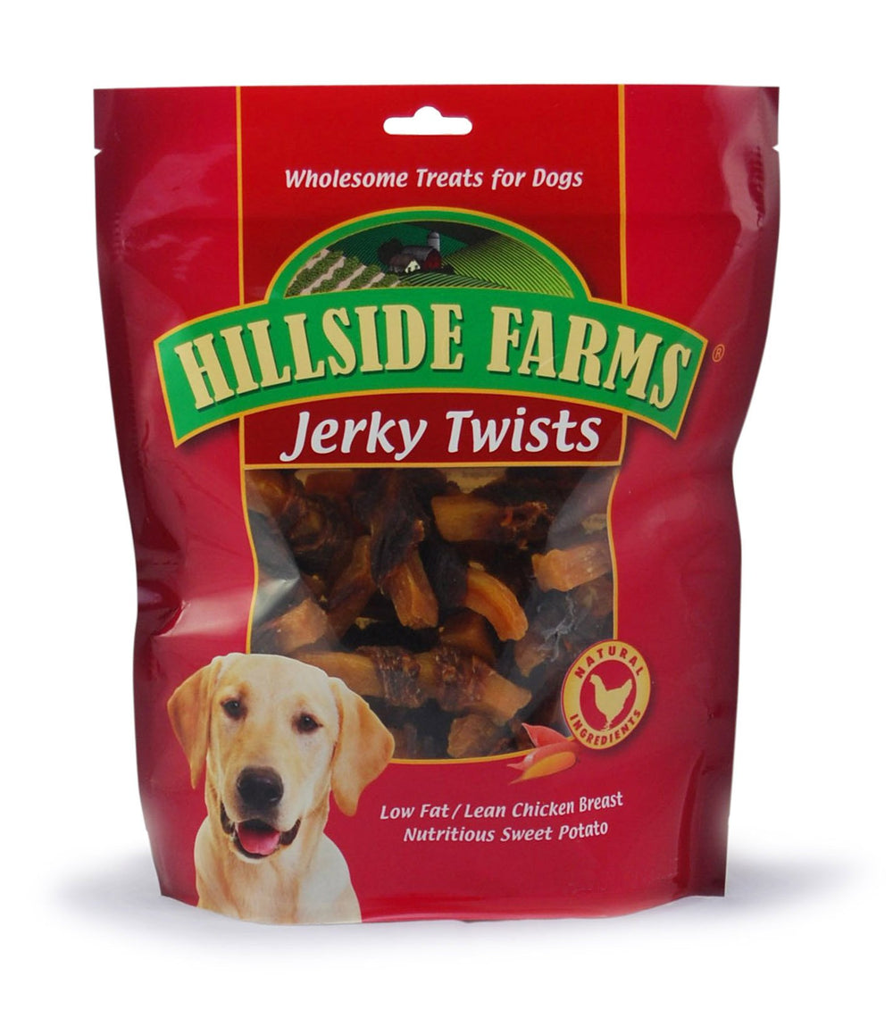 Hillside Farms chicken and sweet potato jerky twists close-up, ideal training reward.
