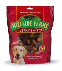 Hillside Farms chicken and sweet potato jerky twists close-up, ideal training reward.