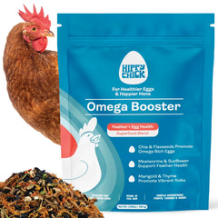 Hippy Chick Omega Booster seed blend in bowl boosts enrichment and egg nutrition