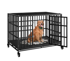HMHTCT 48-inch heavy-duty dog crate wheels front view enables easy repositioning for large dogs