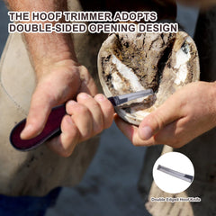 HNONPW hoof knife features a double-edged blade and wooden grip for leverage.