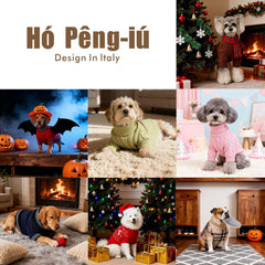 Ho Peng-iu blue dog sweater close-up of turtleneck knit.