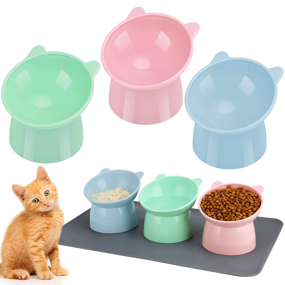 Hoemwarm elevated cat bowls green blue pink view promotes inviting meals for indoor cats.