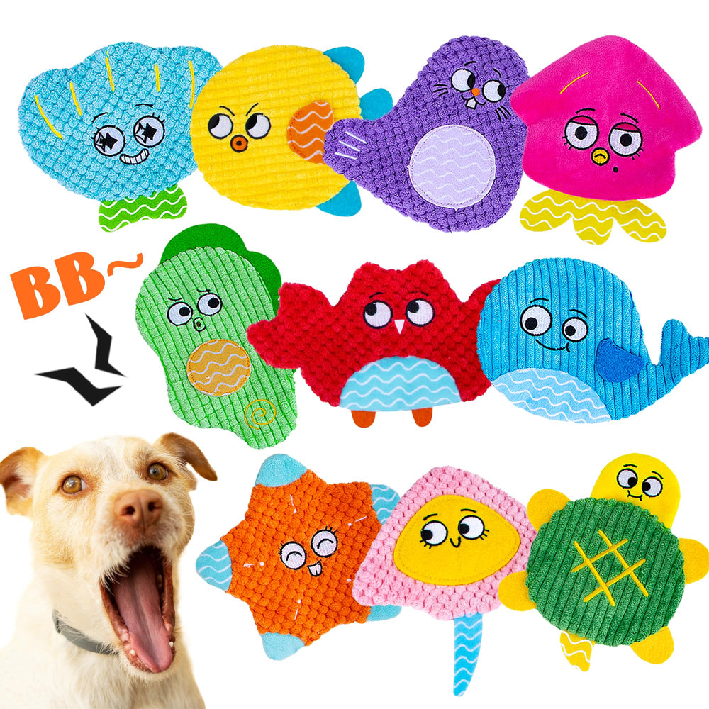 HOESDA squeaky no-stuffing dog toys pack features bright sea creatures for interactive play and teething
