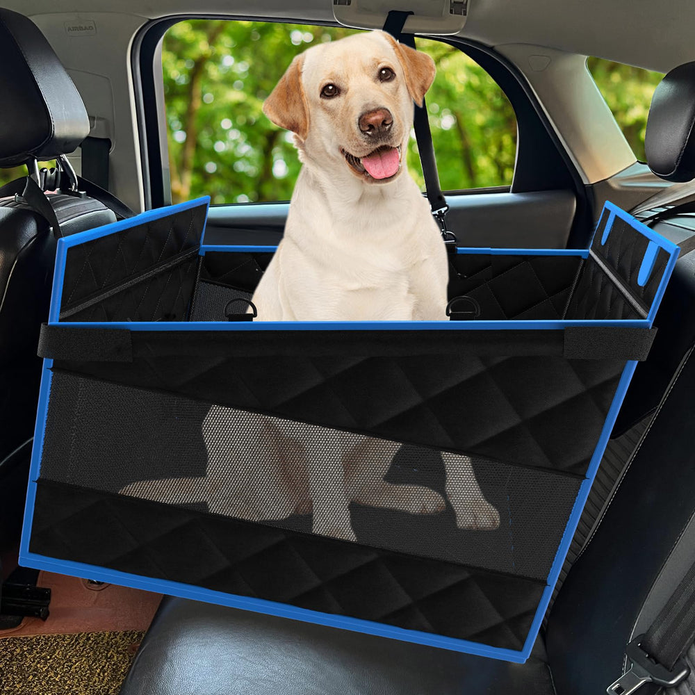 H HOH-Tech back seat extender front view in black blue S for safer, roomier dog travel.
