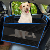 H HOH-Tech back seat extender front view in black blue S for safer, roomier dog travel.