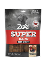 Hoiyen Zoe Super Bars beef-recipe bag front shows protein-packed dog treats for active dogs
