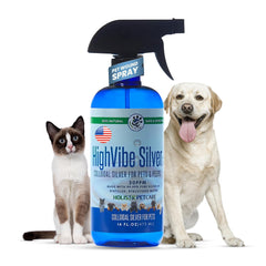 Holistic Pet Care Colloidal Silver Spray bottle label showing all-natural formula for pet skin comfort.