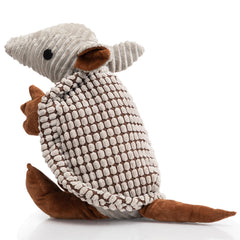 Hollypet Armadillo plush toy gray 14in full view shows a durable cuddle buddy for active dogs.