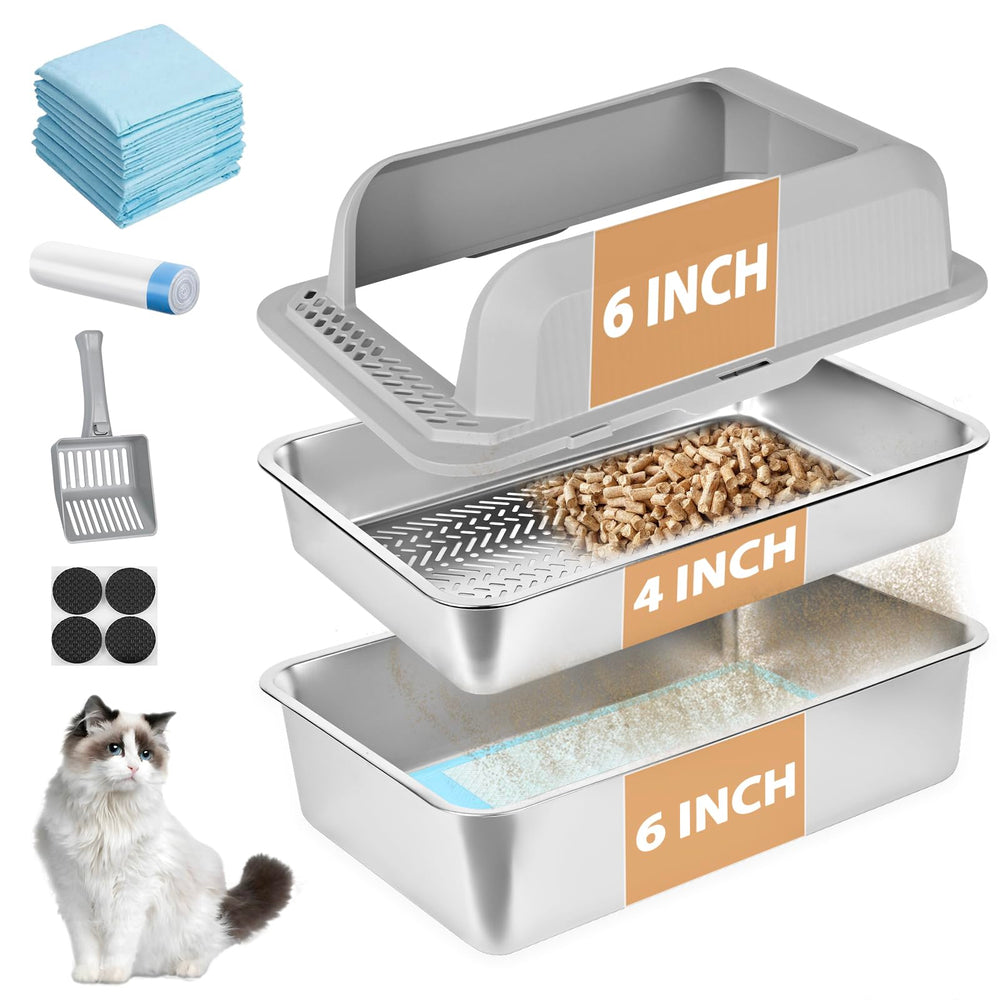Homegroove stainless steel sifting litter box shown full for pine pellets and easy cleaning
