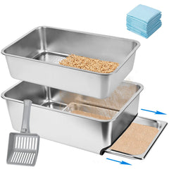 homegroove stainless steel sifting litter box top view demonstrates easy cleanup with pine pellets