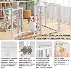 Homelio clear pet playpen assembly step—quick five-minute setup.