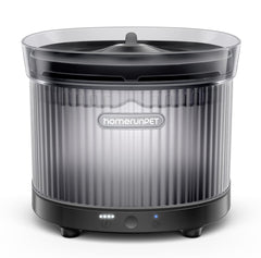 HomeRunPet cordless cat water fountain front view, compact black design supports flexible placement.