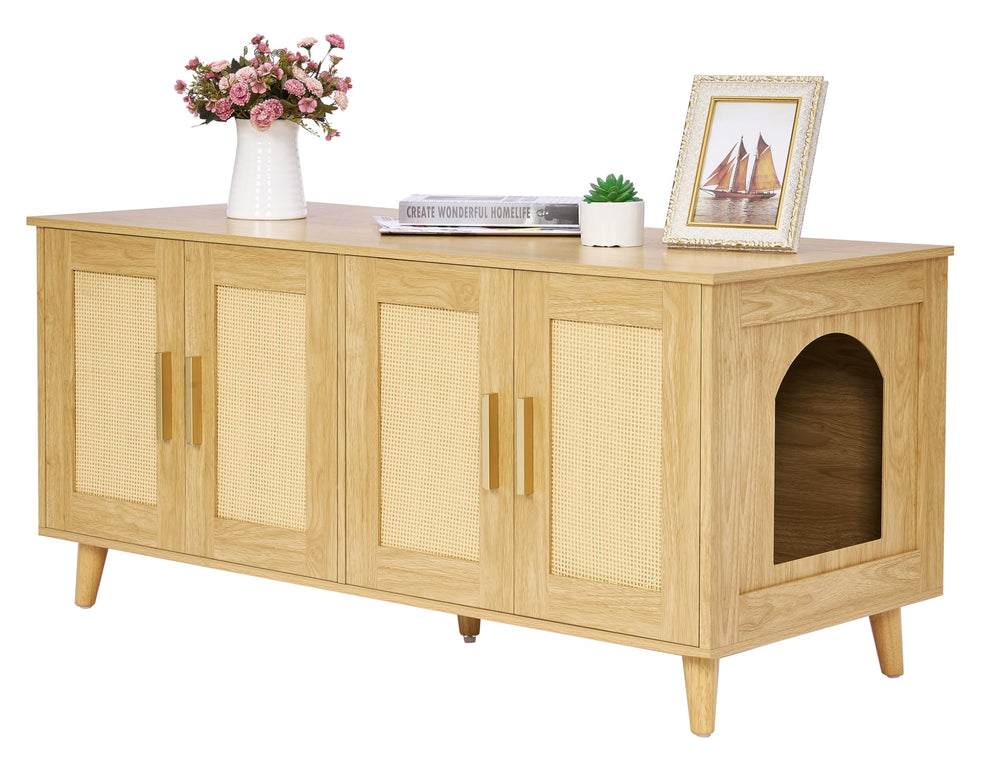 Homhedy boho litter box enclosure with side doors offers private washroom and stylish storage.