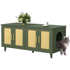 Homhedy boho cat litter enclosure with double doors and rattan detail for tidy two-cat use