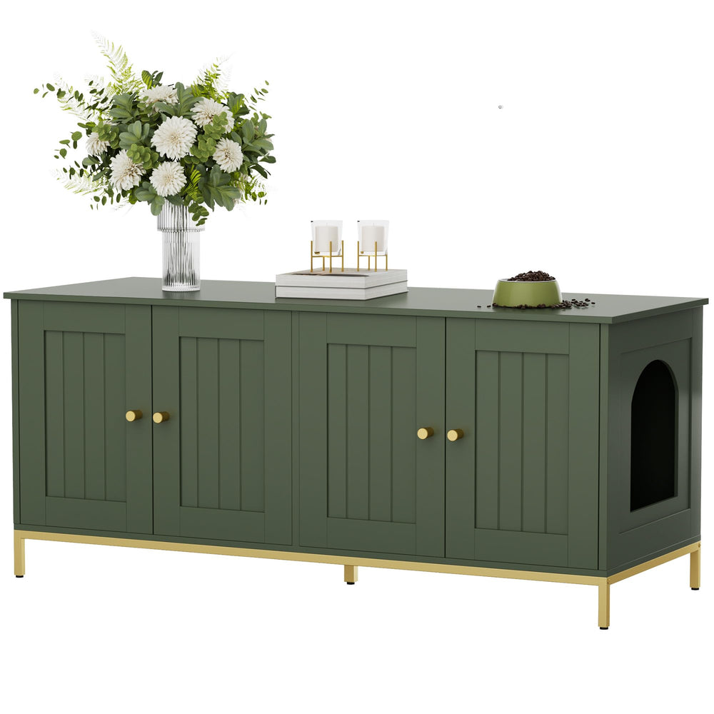Homhedy cat litter box enclosure front view with double room and green-gold finish, hides litter neatly.