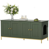 Homhedy cat litter box enclosure front view with double room and green-gold finish, hides litter neatly.