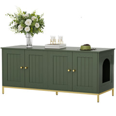 Homhedy cat litter box enclosure front view with double room and green-gold finish, hides litter neatly.