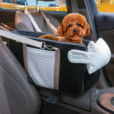 Homsunyi dog car seat center-console view shows compact fit for small pets.