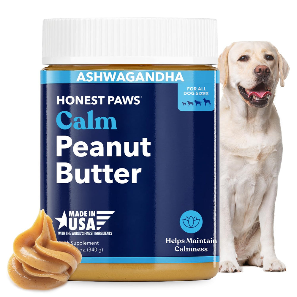 Honest Paws calming peanut butter jar closeup showing label and creamy texture for easy dosing.