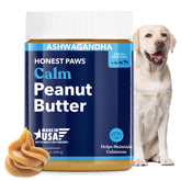 Honest Paws calming peanut butter jar closeup showing label and creamy texture for easy dosing.