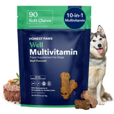 Honest Paws dog multivitamin soft chews beef bottle closeup for simple daily dosing