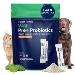 Honest Paws Probiotics for Dogs powder bottle supports digestive balance and immune health.