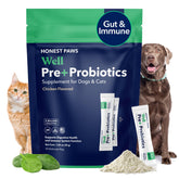 Honest Paws Probiotics for Dogs tub label highlights USA-made formula for digestive support.