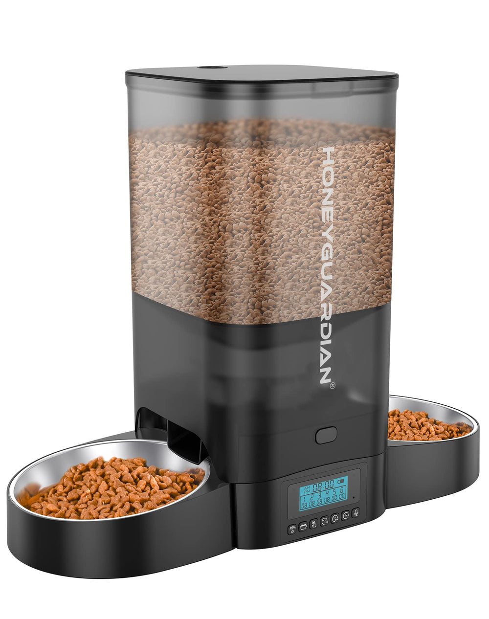 HoneyGuaridan 5L automatic cat feeder front view shows dual-side feeding for equal two-cat meals