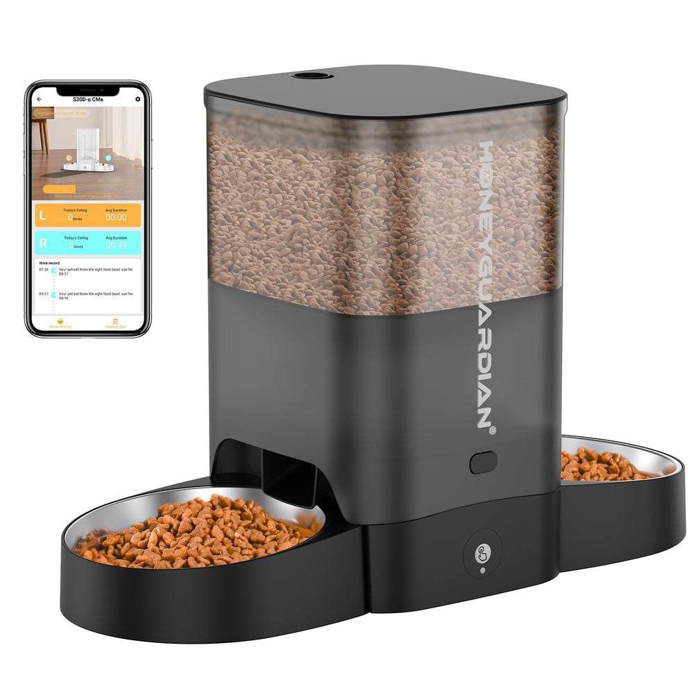 HoneyGuaridan two-cat feeder front view with dual chute delivering equal portions