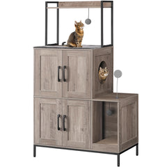 HOOBRO cat litter box enclosure front view in greige and black for discreet littering