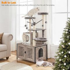 HOOBRO cat tree hidden litter box doors provide privacy and tidy space
