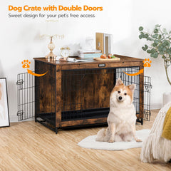 HOOBRO dog crate furniture rustic brown finish blends with home decor.