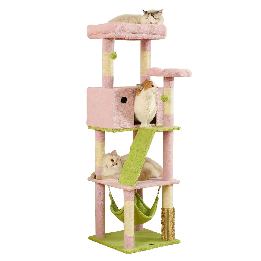 HOOPET 65-Inch Flower Cat Tree pink condo provides spacious multi-cat retreat for indoor homes