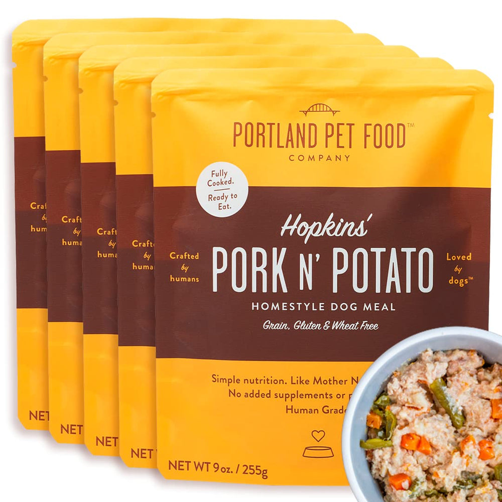 Hopkin's Pork N’ Potato packaging highlights shelf-stable, human-grade nutrition for easy meals.