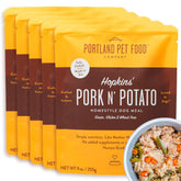 Hopkin's Pork N’ Potato packaging highlights shelf-stable, human-grade nutrition for easy meals.