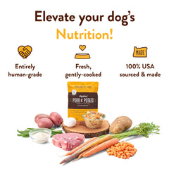 Hopkin's Pork N’ Potato pouch opened for serving as a meal or topper for picky dogs.