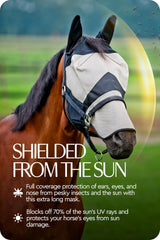 HORZE horse fly mask double-dart stitching keeps fabric away from eyes and temples.